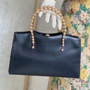 1960s Vintage Koret Handbag-Black Calfskin-Gold Glitter Beaded Top Handles